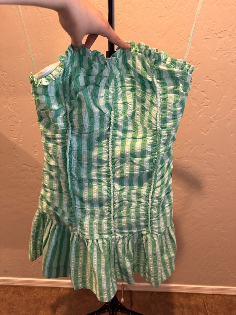 Free People Strapless Green and White Emerald Combo June Striped Mini Dress